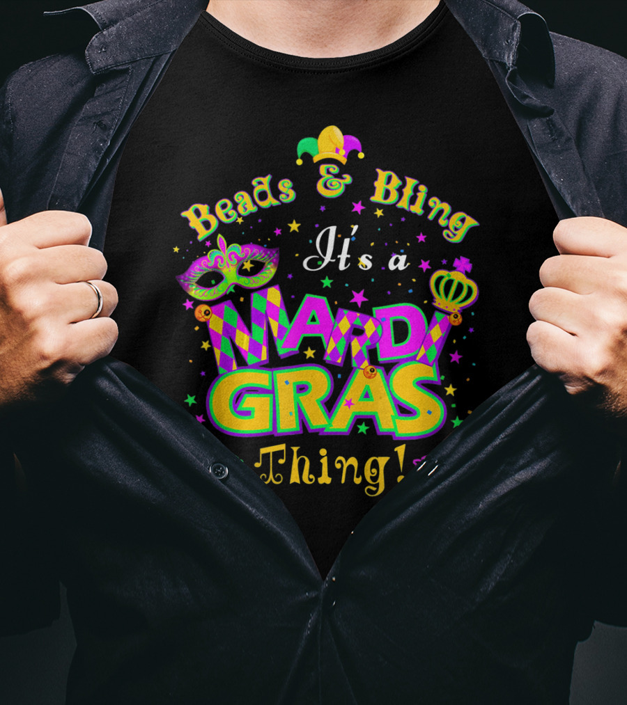 Beads And Bling It's A Mardi Gras Thing Mask Jester Crown Stars T-Shirt