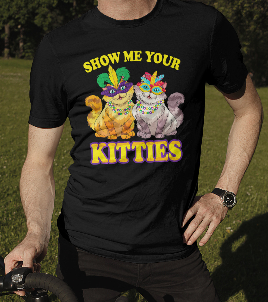 Show Me Your Kitties Mardi Gras Cats With Masks And Beads T-Shirt