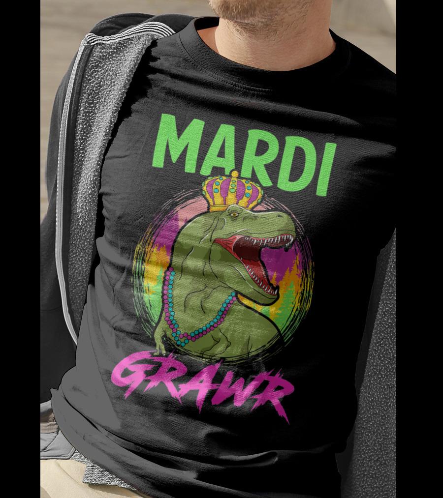 Mardi Grawr Rex Dinosaur In Beads And Crown With Rainbow Sunset T-Shirt