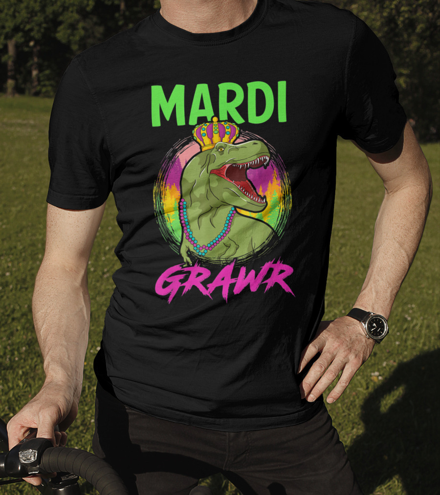Mardi Grawr Rex Dinosaur In Beads And Crown With Rainbow Sunset T-Shirt