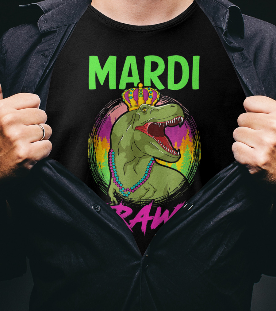 Mardi Grawr Rex Dinosaur In Beads And Crown With Rainbow Sunset T-Shirt