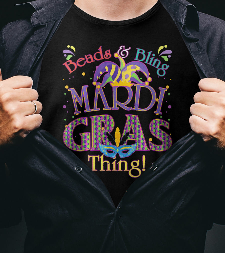 Beads And Bling Mardi Gras Thing Jester Hat Mask Confetti T-Shirt