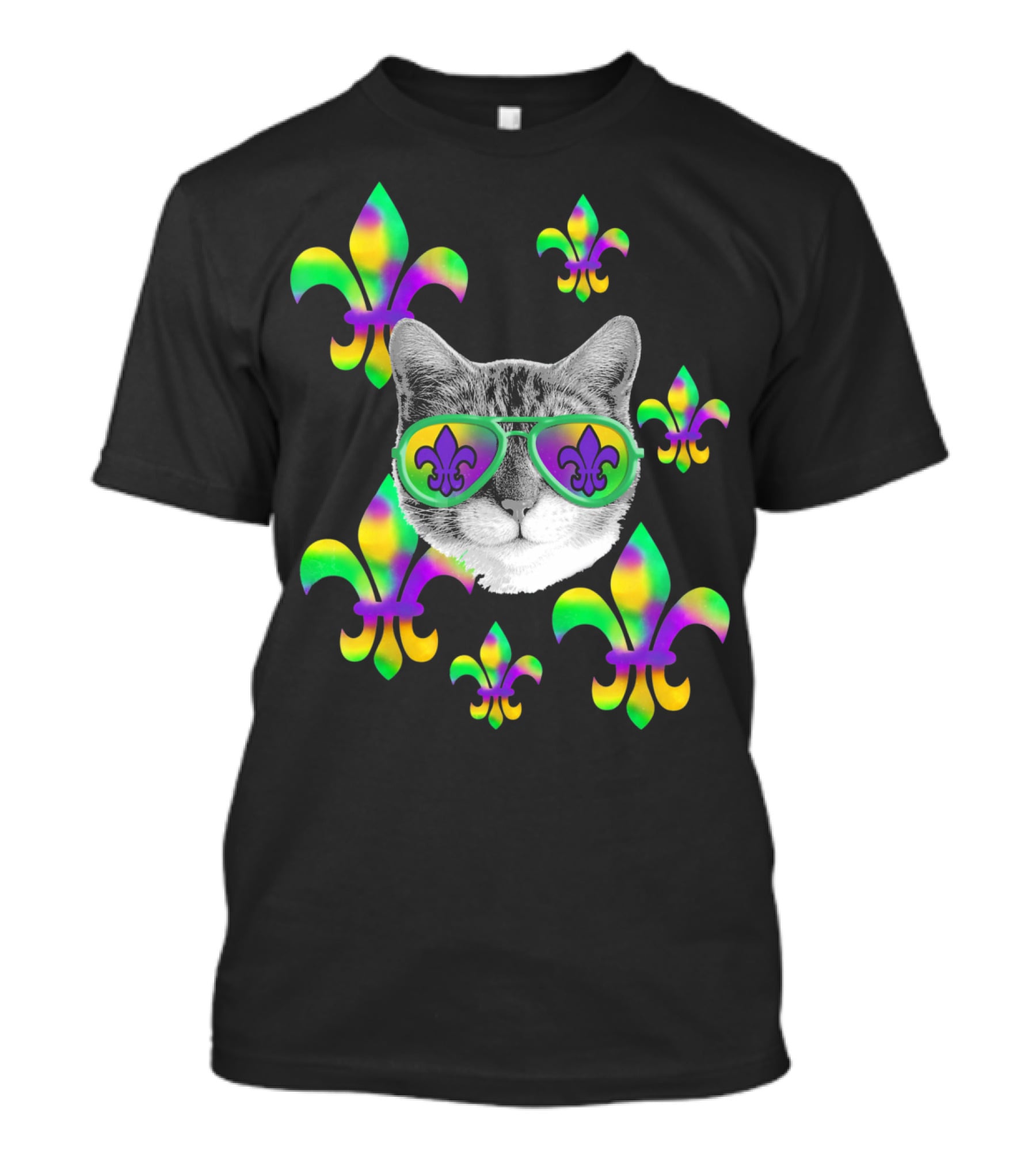 Mardi Gras Cat Wearing Tie Dye Fleur De Lis Sunglasses T-Shirt