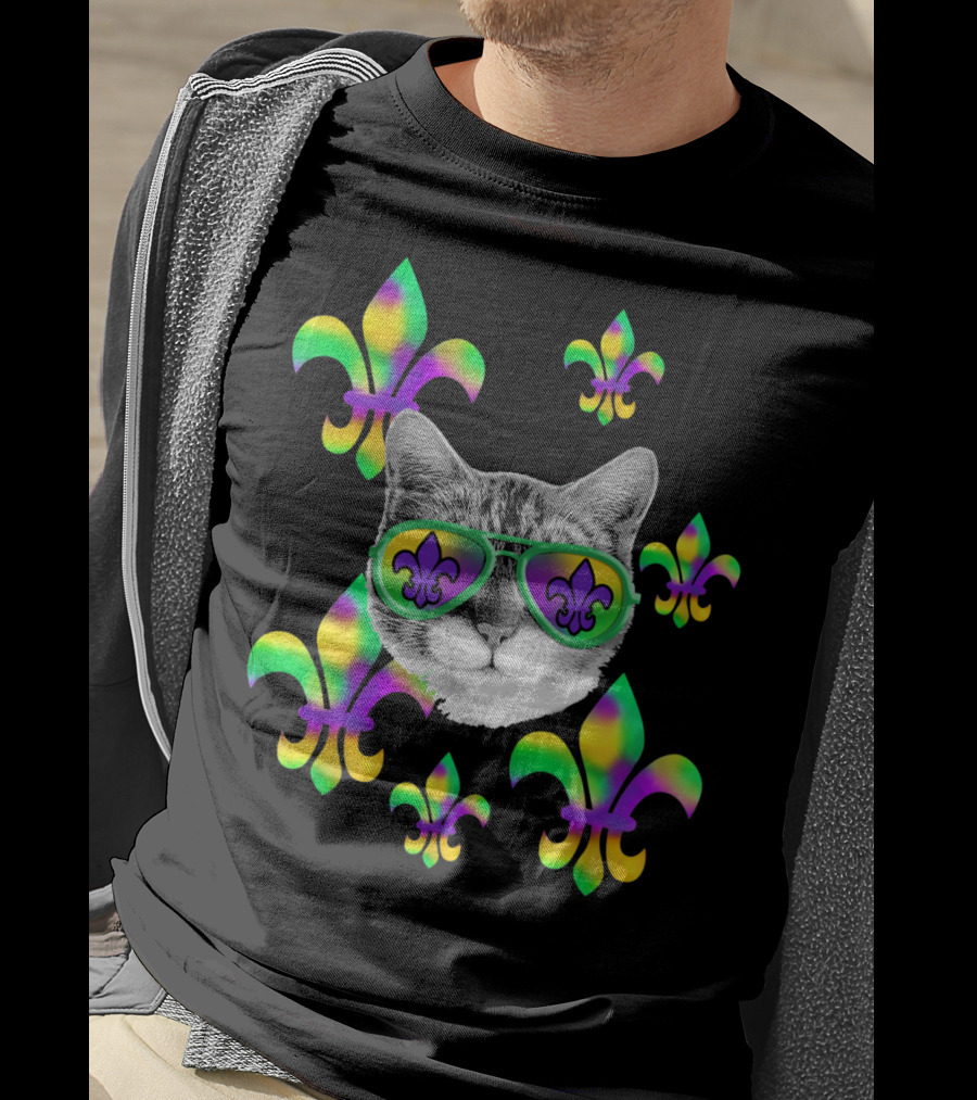 Mardi Gras Cat Wearing Tie Dye Fleur De Lis Sunglasses T-Shirt