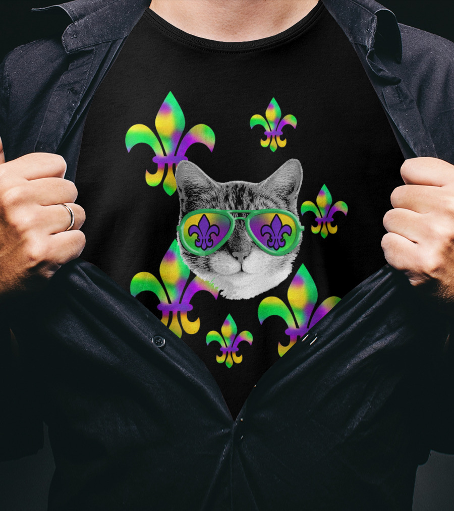 Mardi Gras Cat Wearing Tie Dye Fleur De Lis Sunglasses T-Shirt