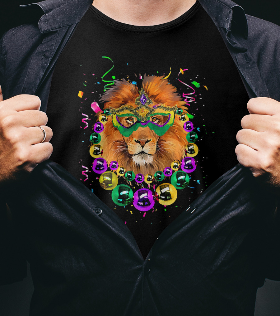 Mask And Beads Lion Mardi Gras Celebration With Colorful Confetti And Streamers T-Shirt