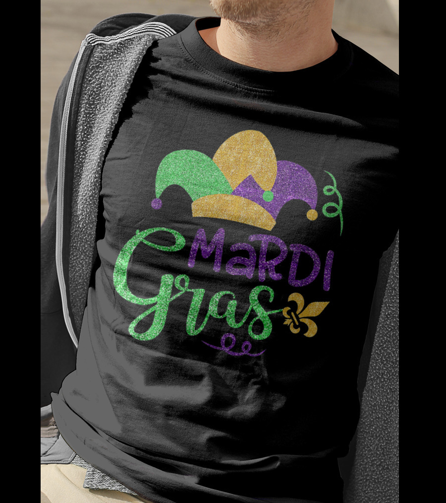 Mardi Gras Jester Hat Glitter Design Fleur-de-Lis T-Shirt
