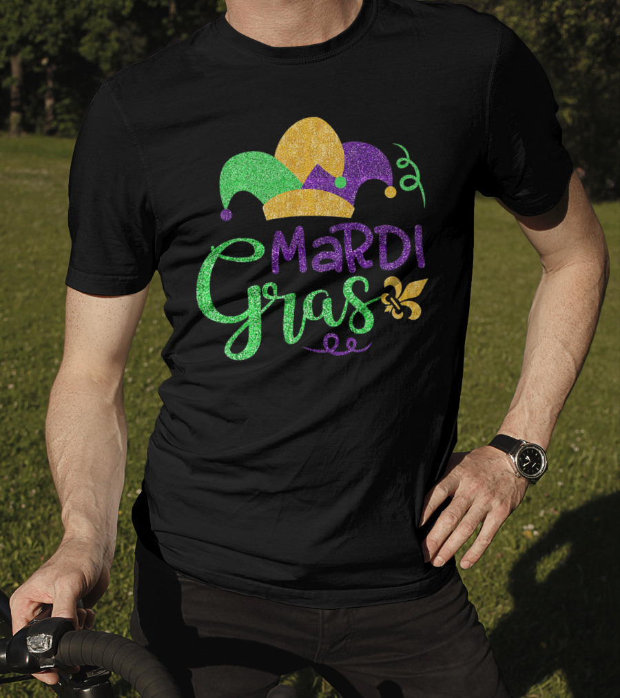 Mardi Gras Jester Hat Glitter Design Fleur-de-Lis T-Shirt