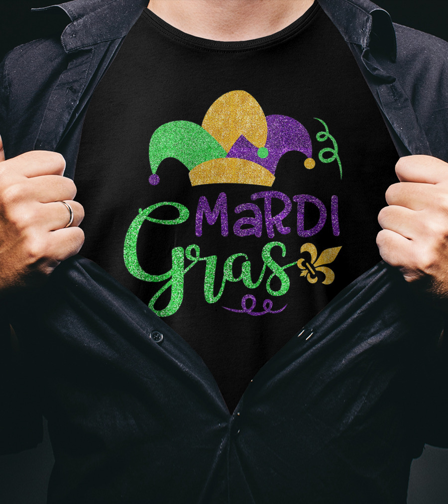 Mardi Gras Jester Hat Glitter Design Fleur-de-Lis T-Shirt