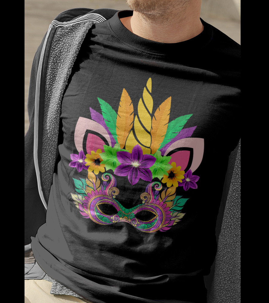 Mardi Gras Unicorn Mask With Flowers And Feathers T-Shirt