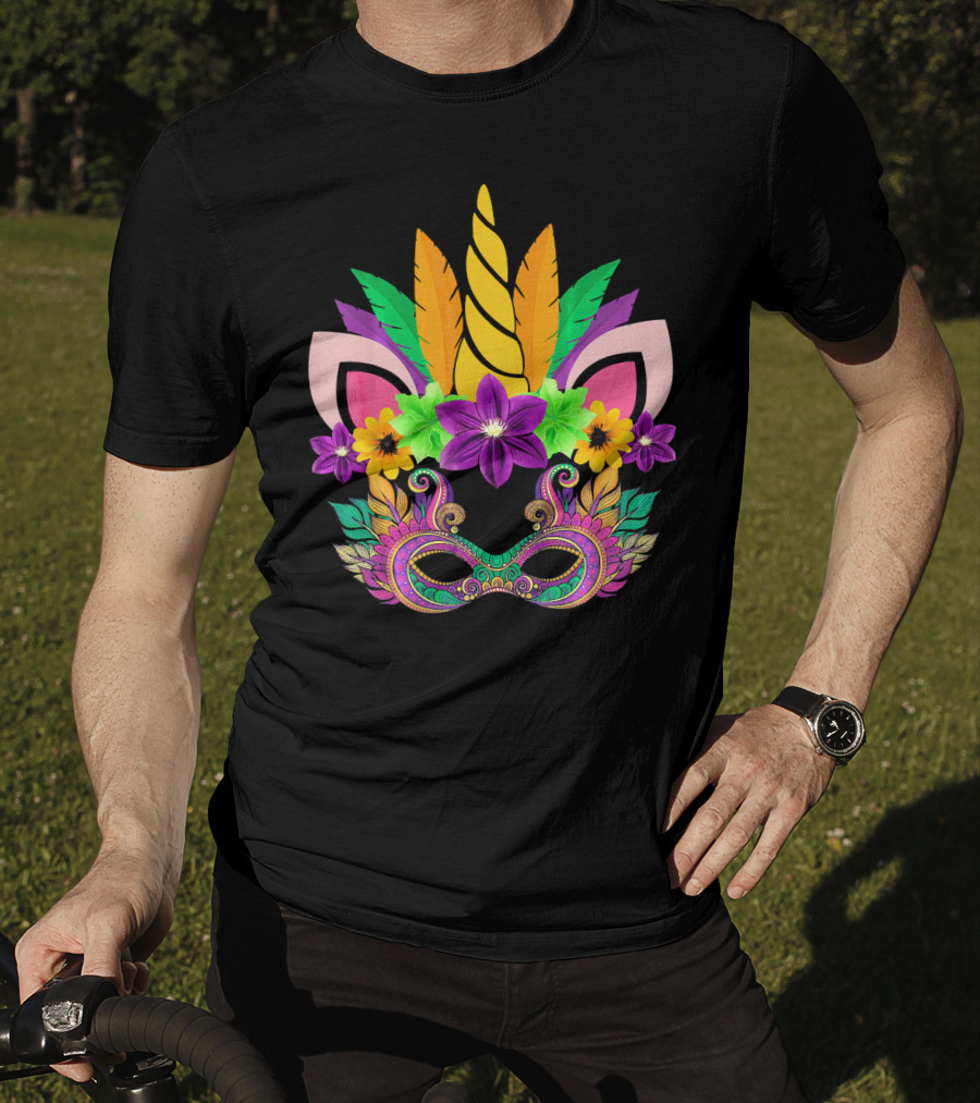 Mardi Gras Unicorn Mask With Flowers And Feathers T-Shirt