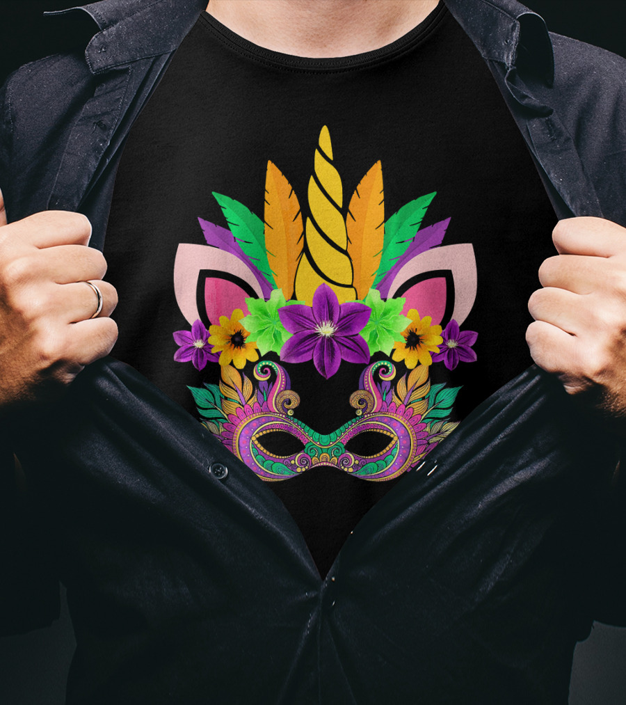Mardi Gras Unicorn Mask With Flowers And Feathers T-Shirt