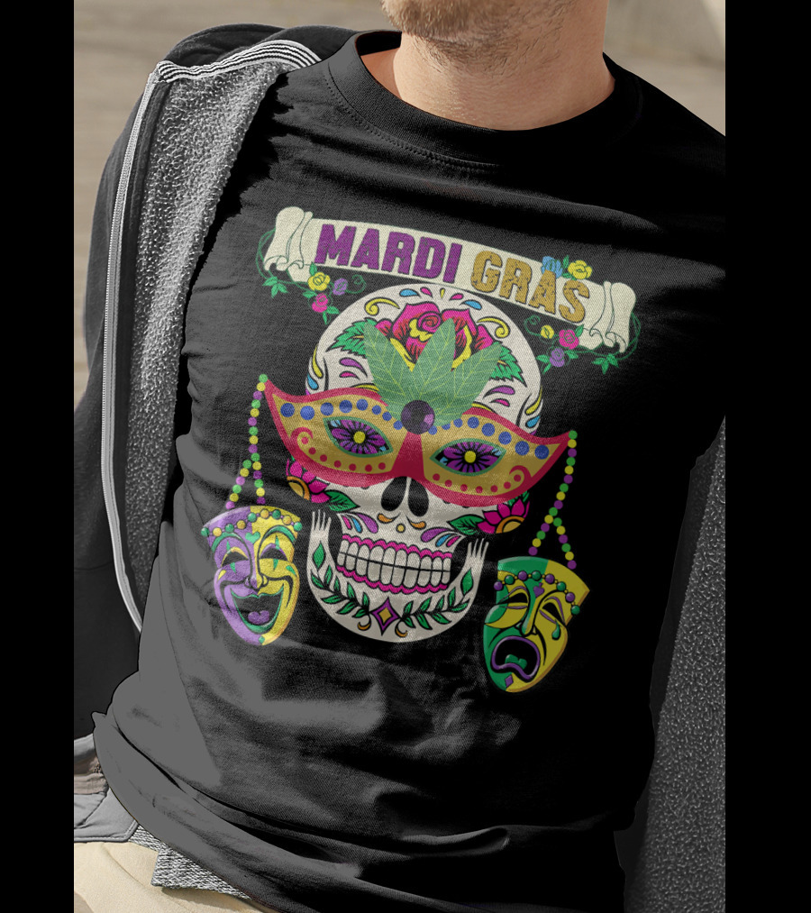 MARDI GRAS Skull Mask Comedy Tragedy New Orlea T-Shirt