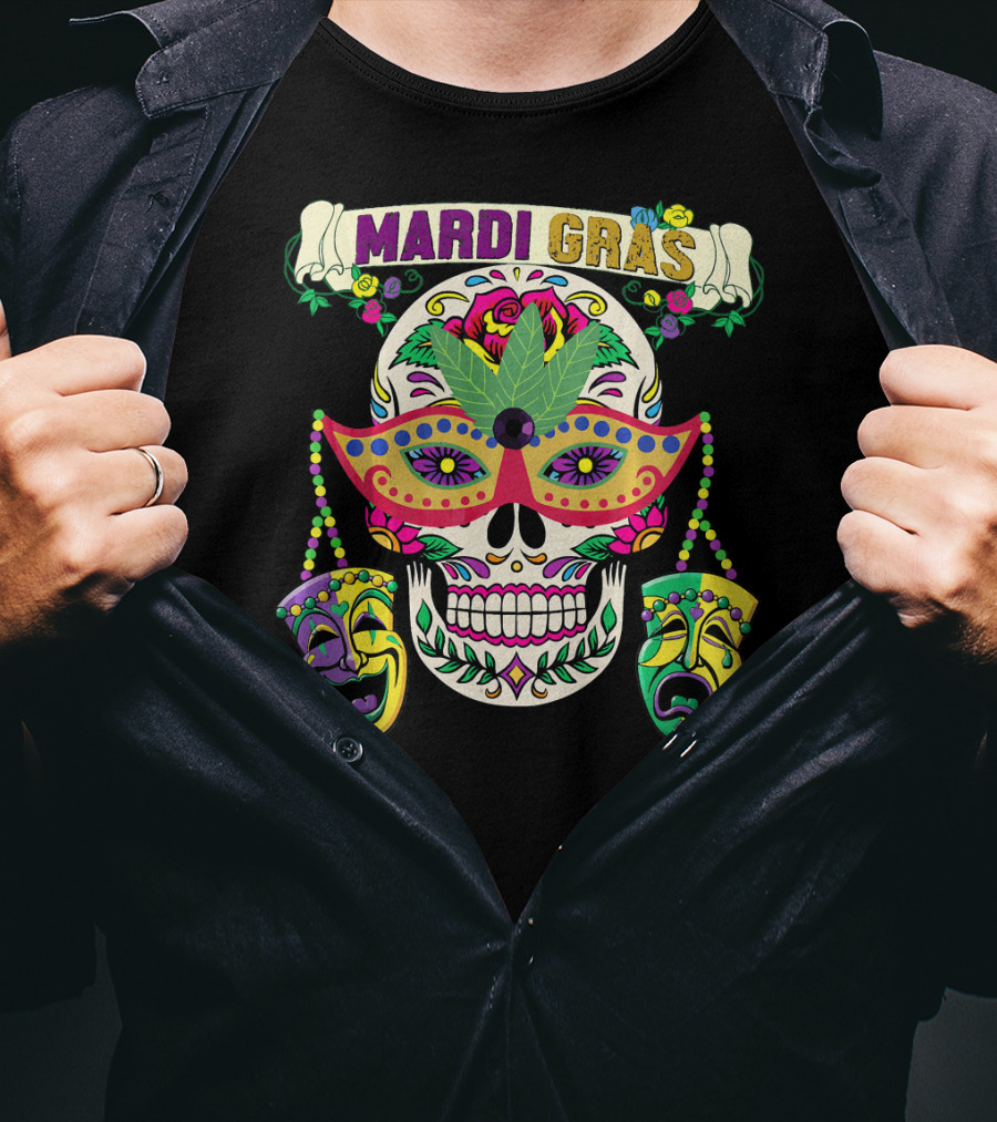 MARDI GRAS Skull Mask Comedy Tragedy New Orlea T-Shirt