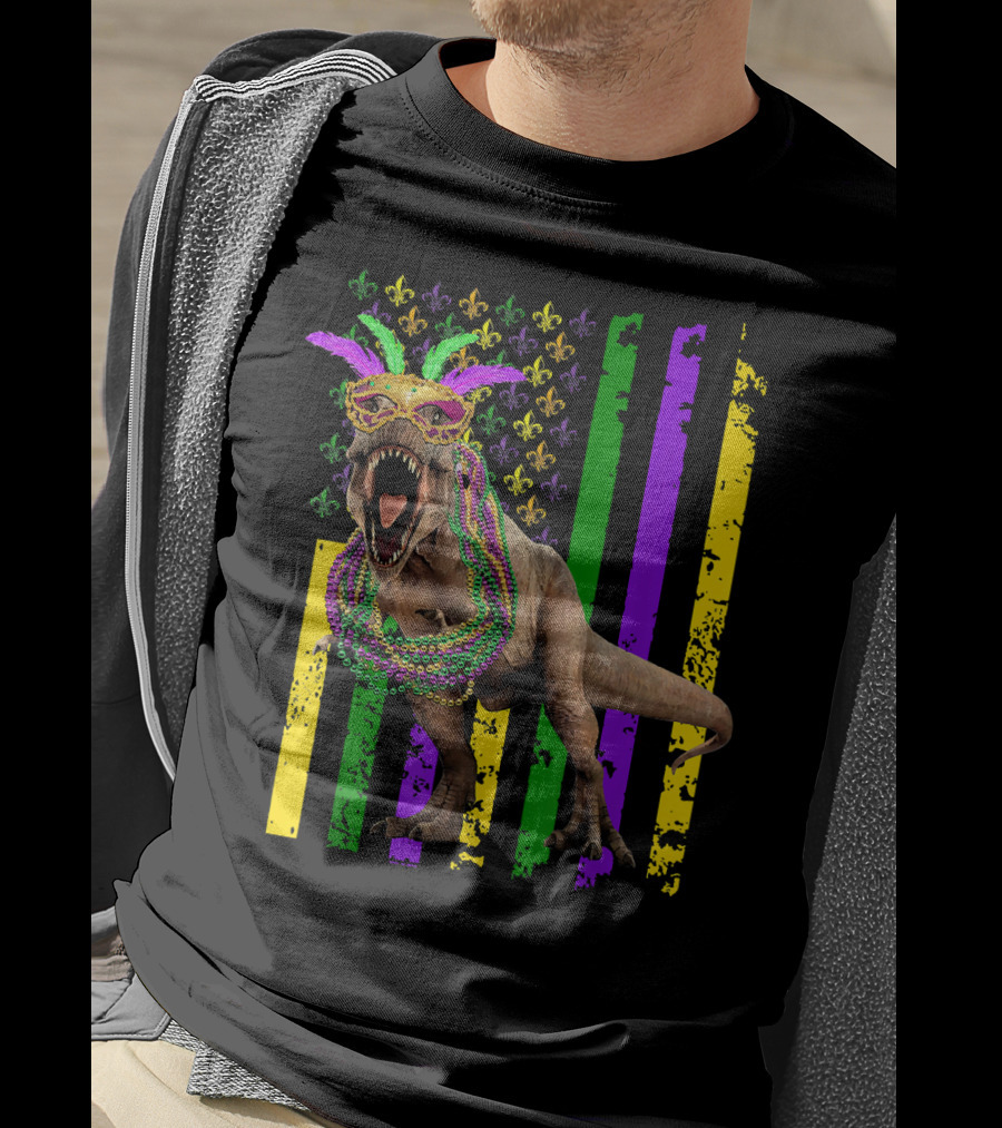 Dinosaur Mardi Gras American Flag Fleur De Lis Feathers Beads T-Shirt