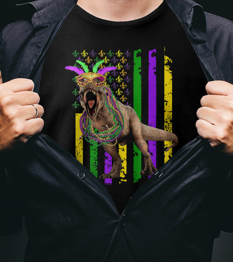 Dinosaur Mardi Gras American Flag Fleur De Lis Feathers Beads T-Shirt