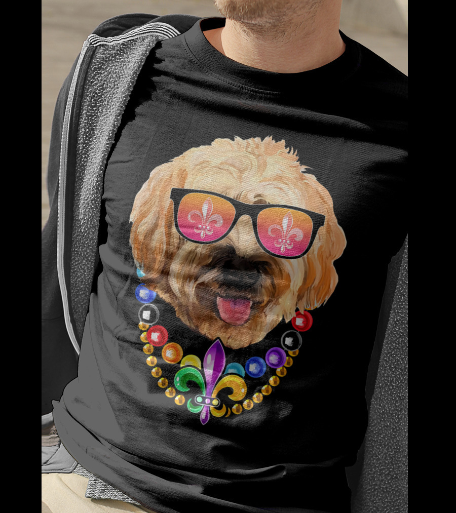 Goldendoodle Mardi Gras Beads Sunglasses Fleur-de-Lis T-Shirt