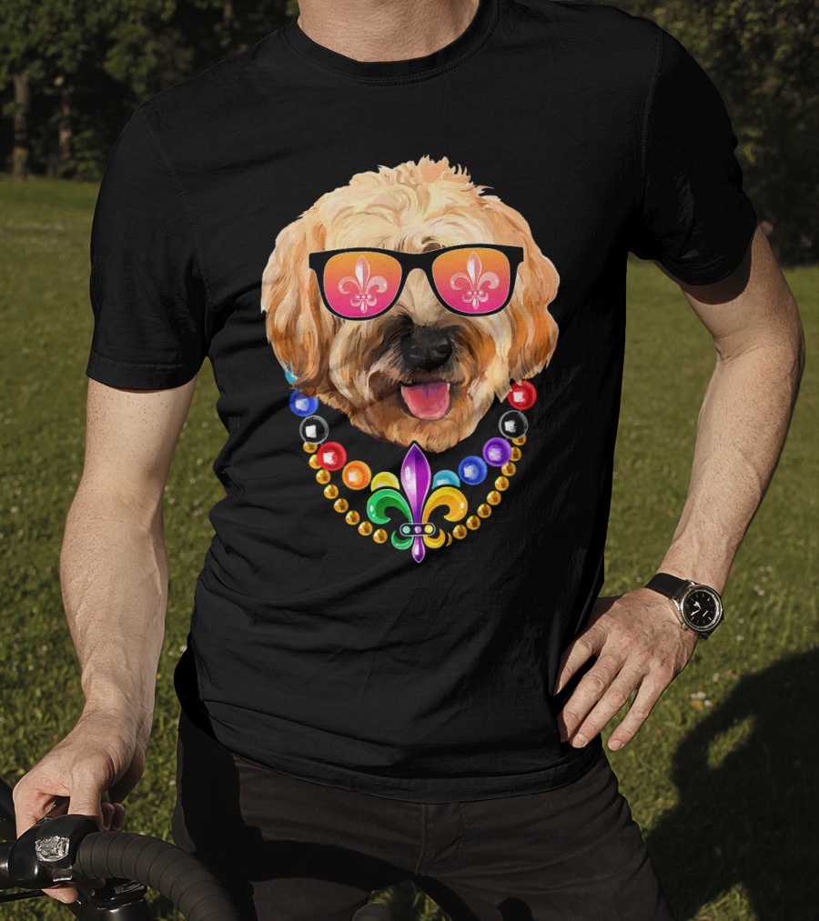Goldendoodle Mardi Gras Beads Sunglasses Fleur-de-Lis T-Shirt