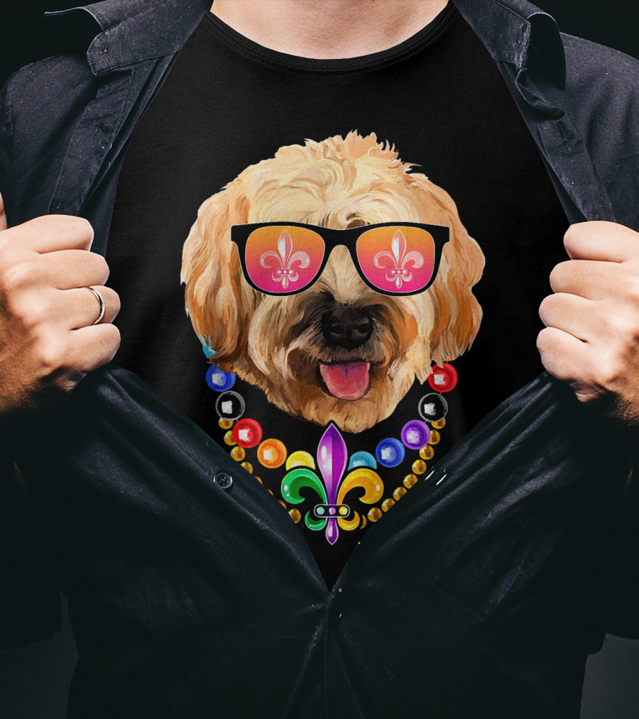 Goldendoodle Mardi Gras Beads Sunglasses Fleur-de-Lis T-Shirt