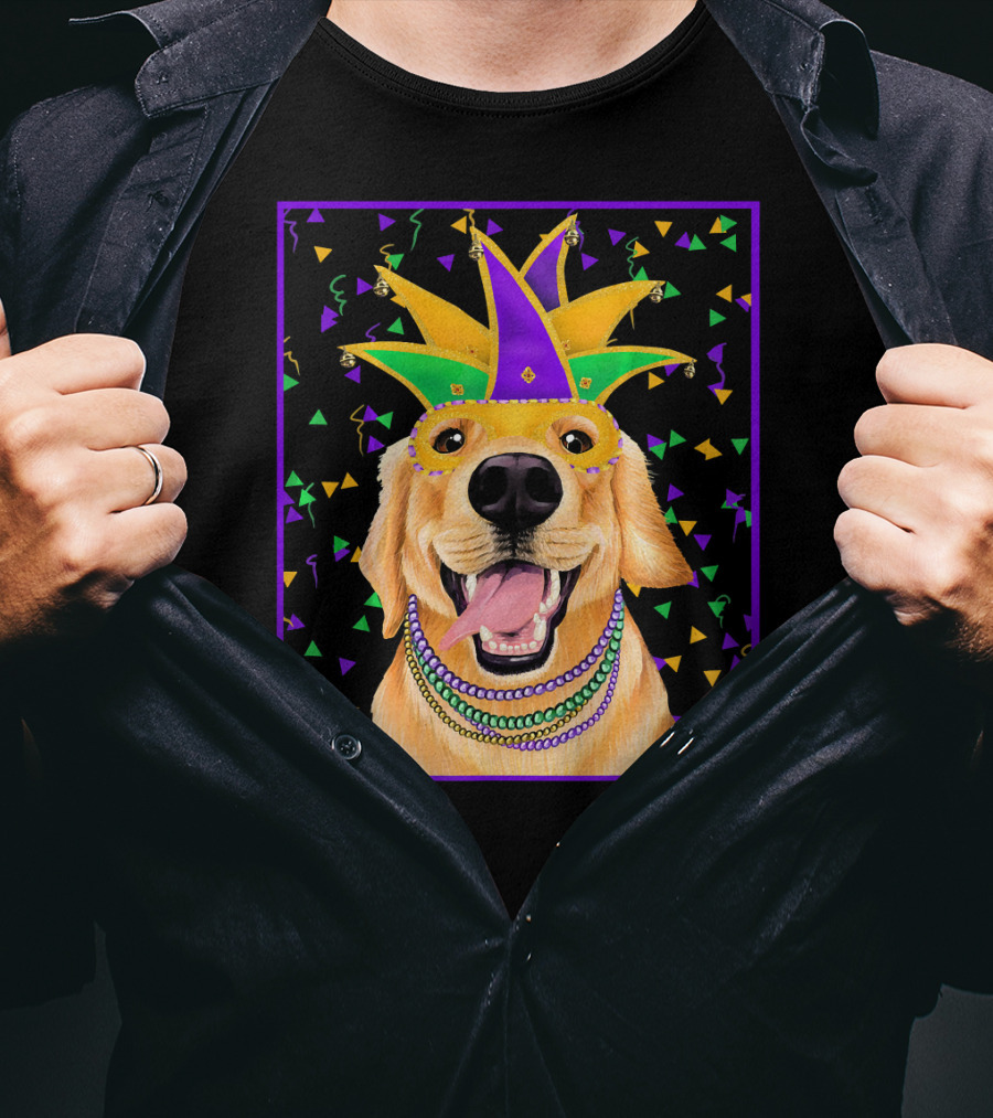 Mardi Gras Golden Retriever Wearing Colorful Jester Mask And Beads T-Shirt