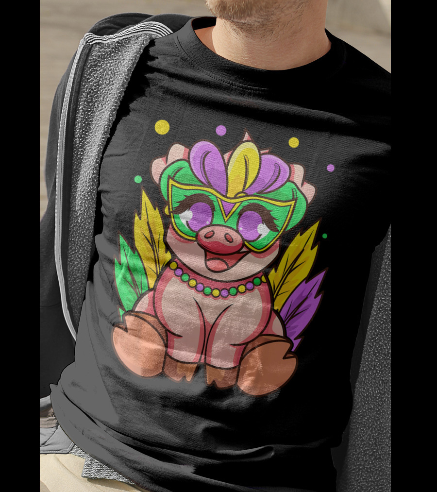 Cute Mardi Gras Pig With Colorful Mardi Gras Mask And Beads T-Shirt