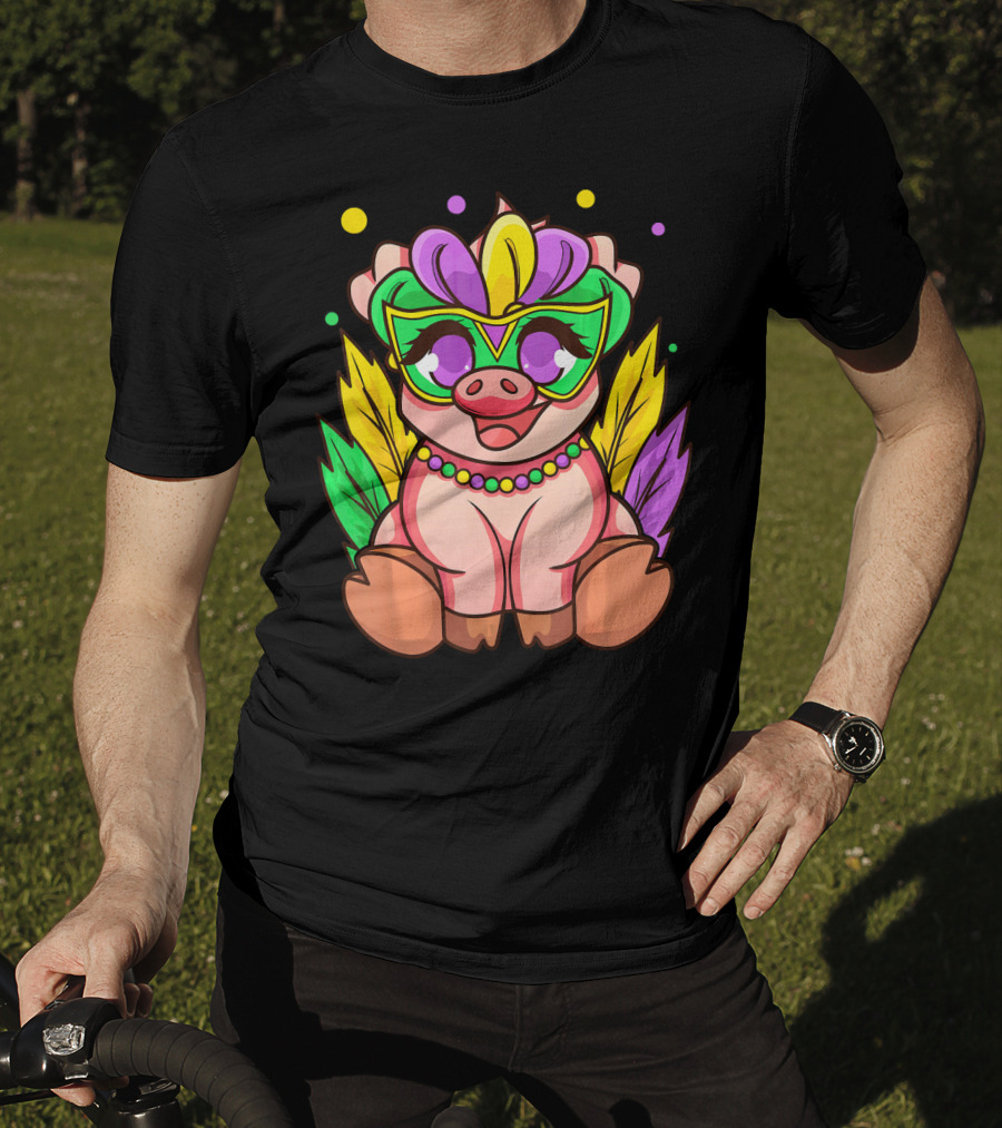 Cute Mardi Gras Pig With Colorful Mardi Gras Mask And Beads T-Shirt