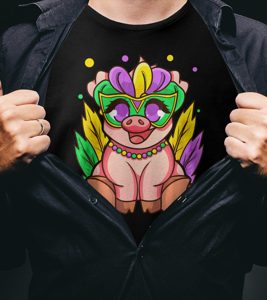 Cute Mardi Gras Pig With Colorful Mardi Gras Mask And Beads T-Shirt
