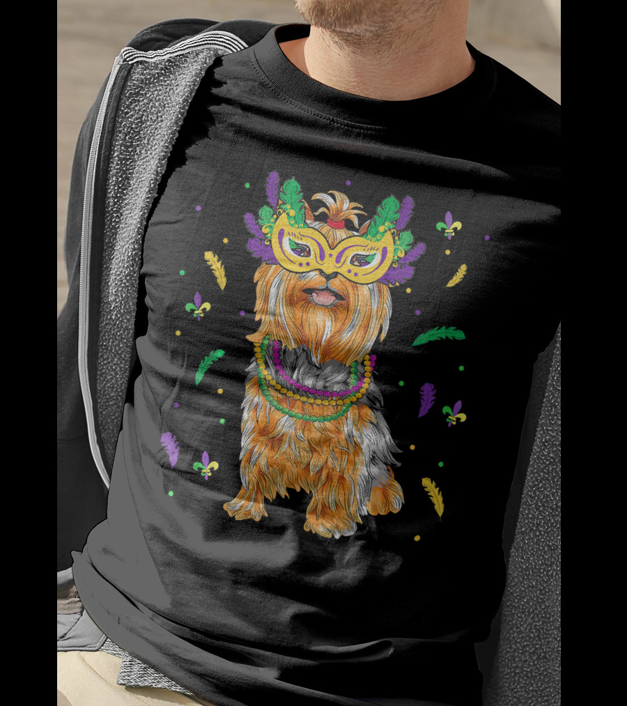 Beads Mask Yorkshire Terrier Mardi Gras Fleur De Lis Feathers T-Shirt
