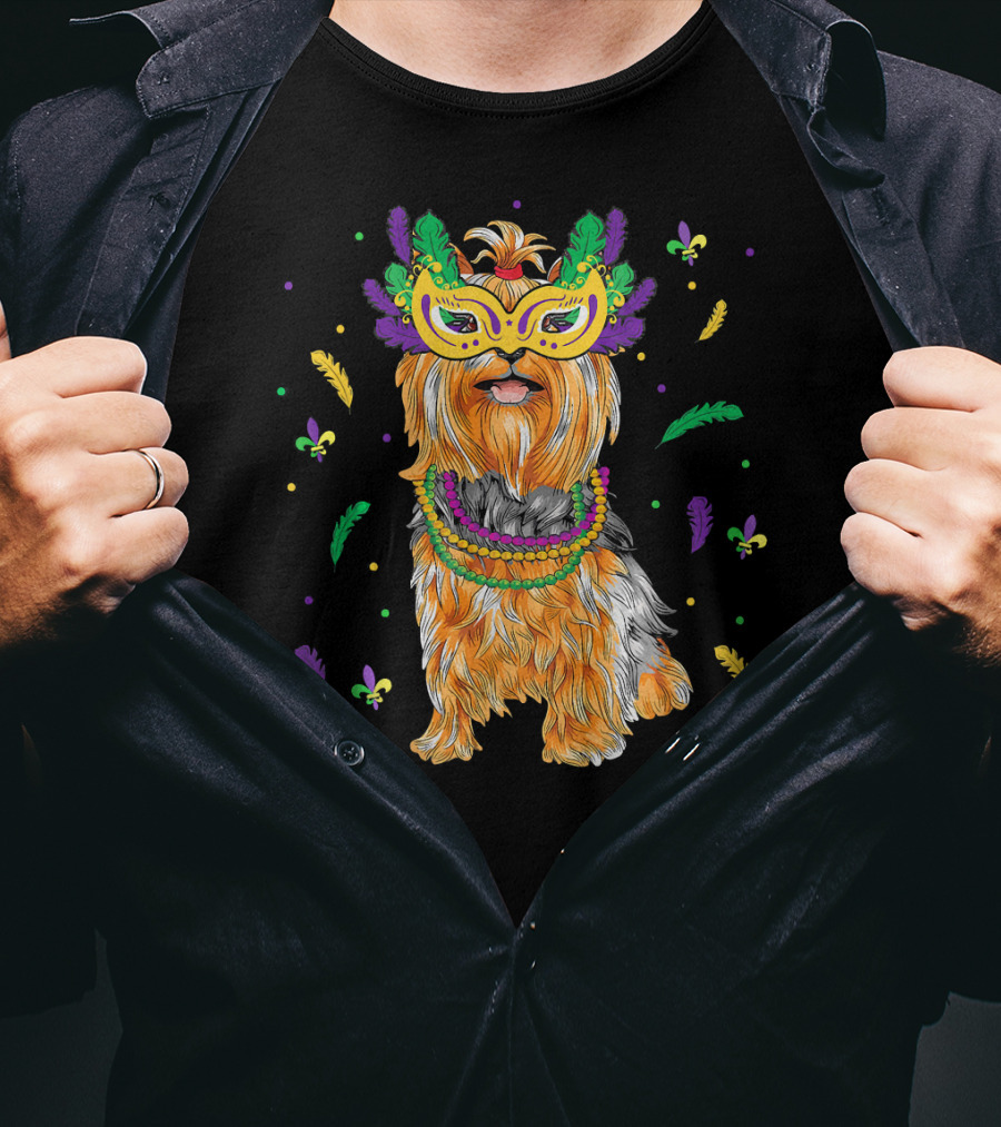 Beads Mask Yorkshire Terrier Mardi Gras Fleur De Lis Feathers T-Shirt