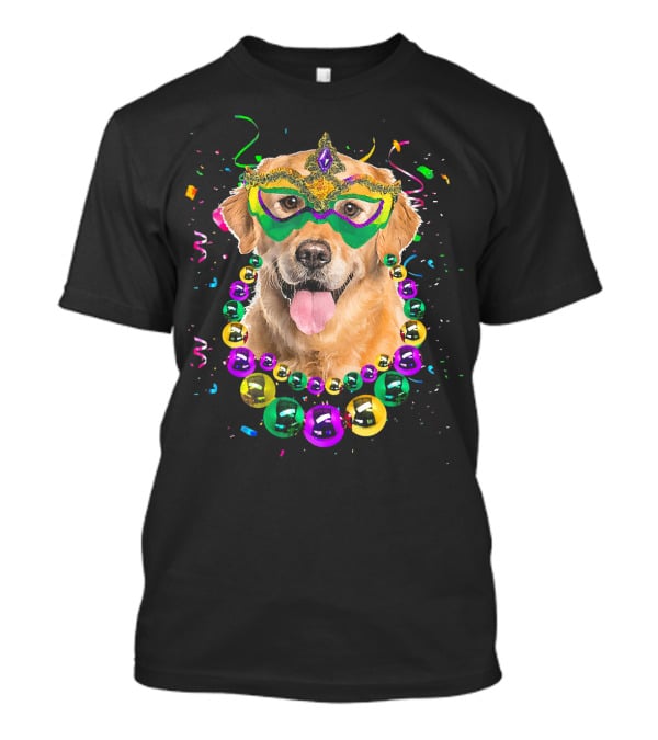 Golden Retriever With Mardi Gras Mask And Beads T-Shirt