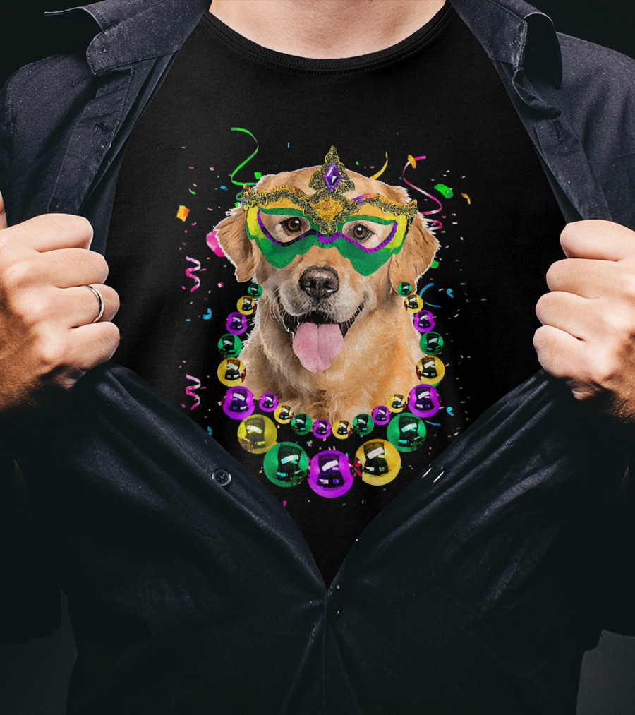 Golden Retriever With Mardi Gras Mask And Beads T-Shirt