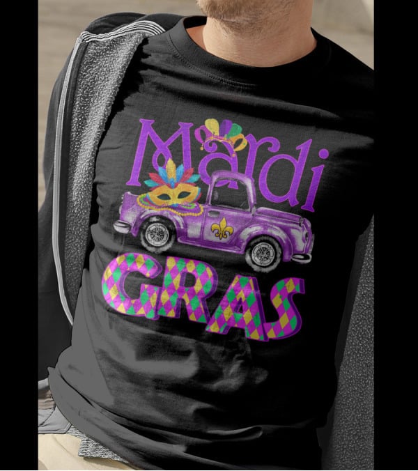 Mardi Gras Truck Mask With Colorful Feathered Costume T-Shirt