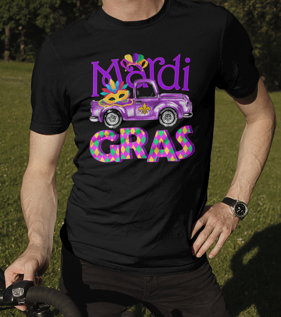 Mardi Gras Truck Mask With Colorful Feathered Costume T-Shirt