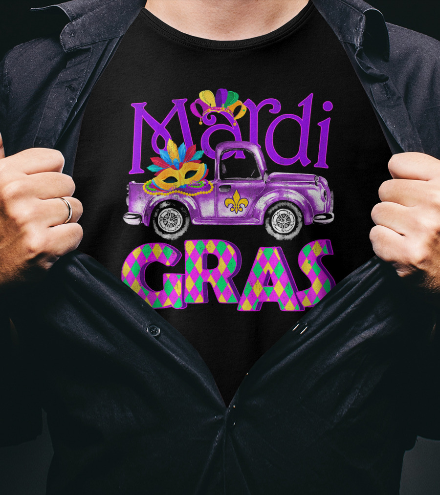 Mardi Gras Truck Mask With Colorful Feathered Costume T-Shirt
