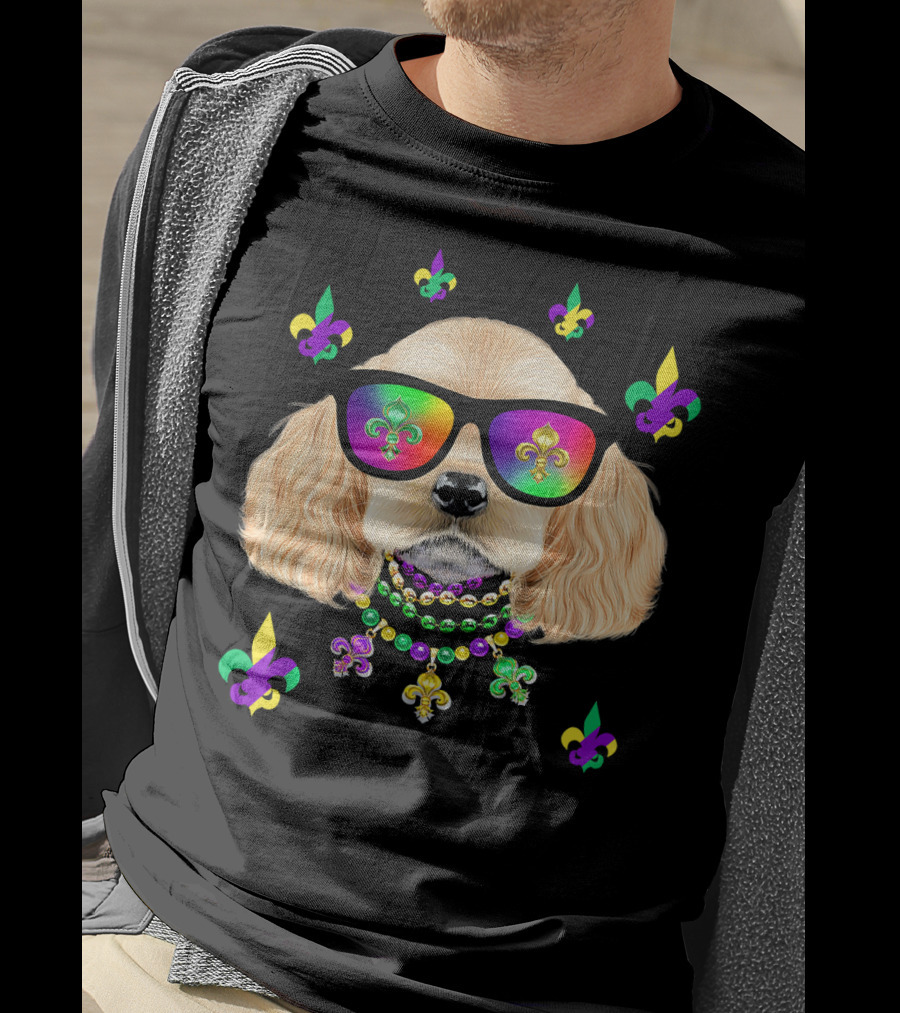 Dog Wearing Mardi Gras Beads And Sunglasses With Fleur-de-Lis T-Shirt