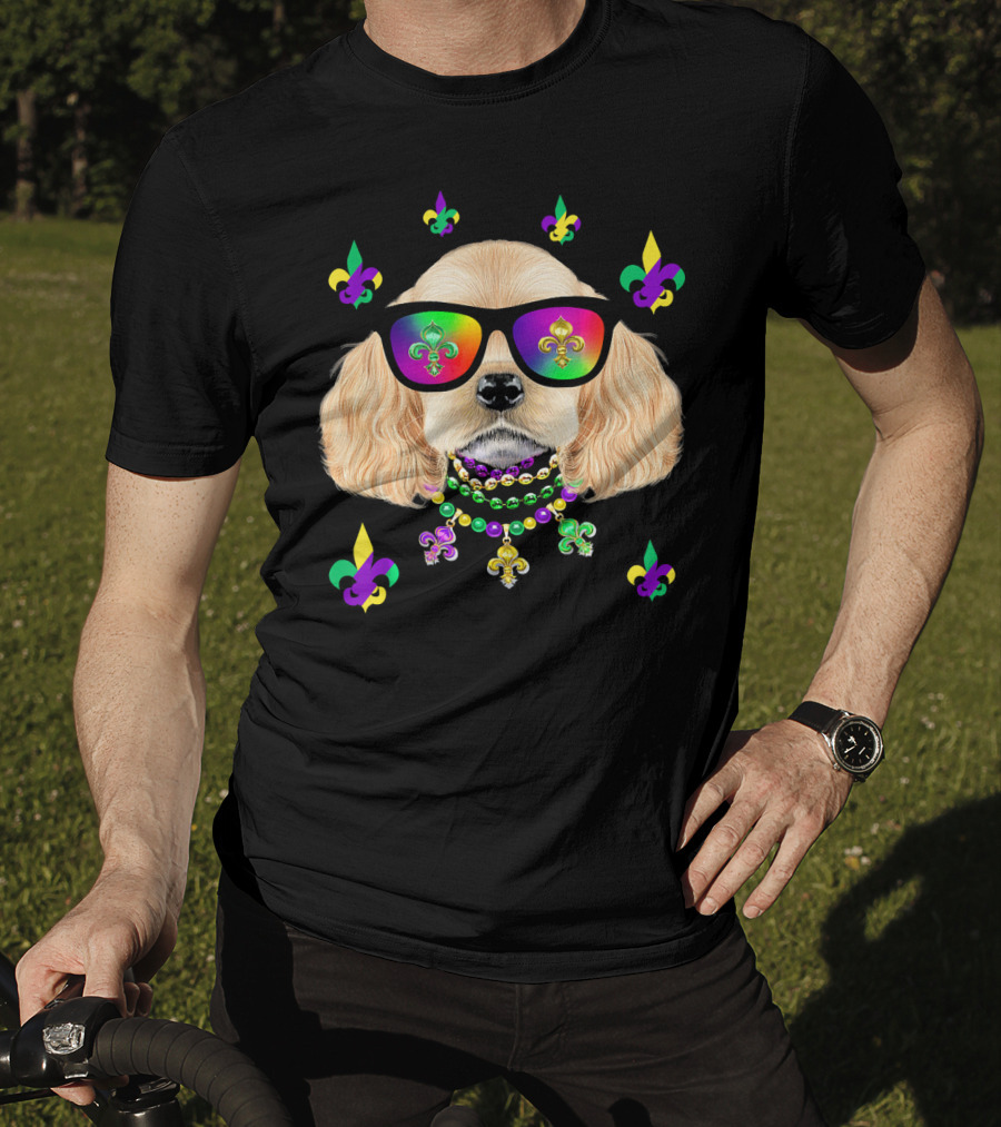Dog Wearing Mardi Gras Beads And Sunglasses With Fleur-de-Lis T-Shirt