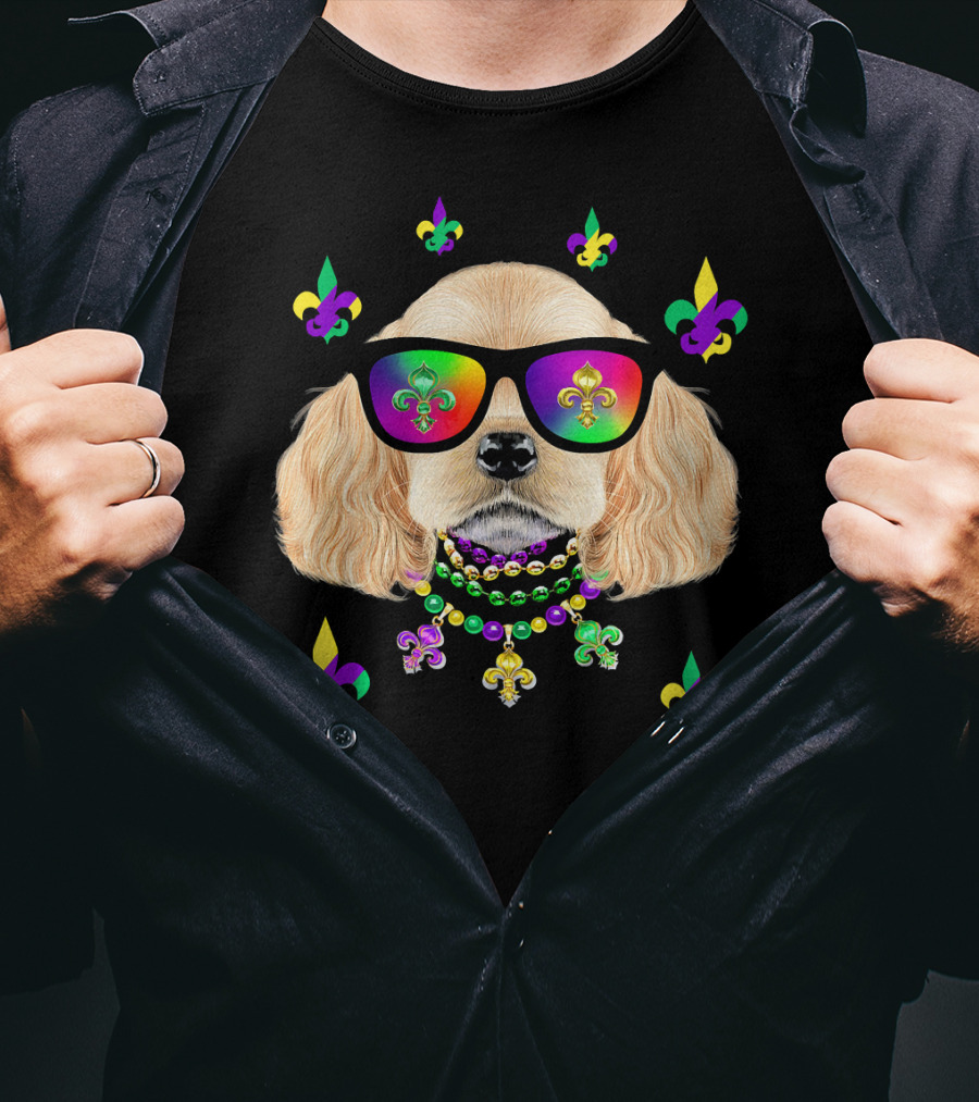 Dog Wearing Mardi Gras Beads And Sunglasses With Fleur-de-Lis T-Shirt
