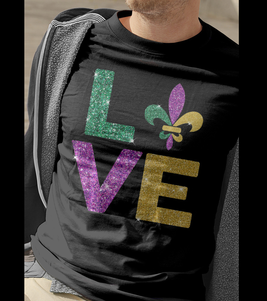 LOVE Mardi Gras Carnival Fleur-de-Lis Glitter T-Shirt