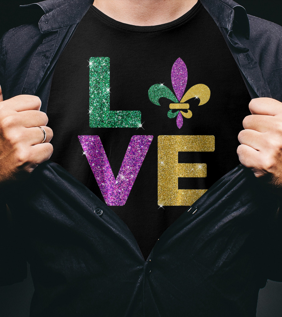LOVE Mardi Gras Carnival Fleur-de-Lis Glitter T-Shirt
