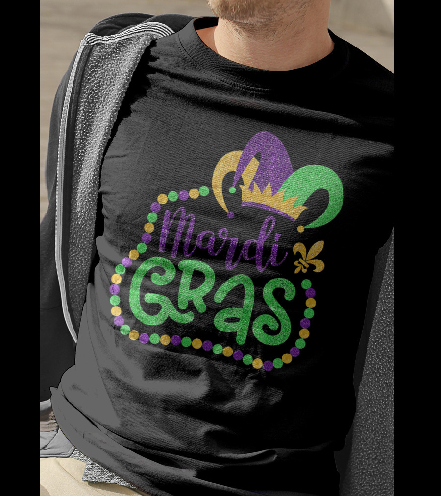 Mardi Gras Glitter Jester Hat Fleur De Lis T-Shirt