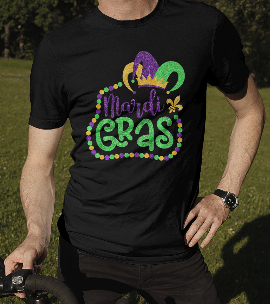 Mardi Gras Glitter Jester Hat Fleur De Lis T-Shirt