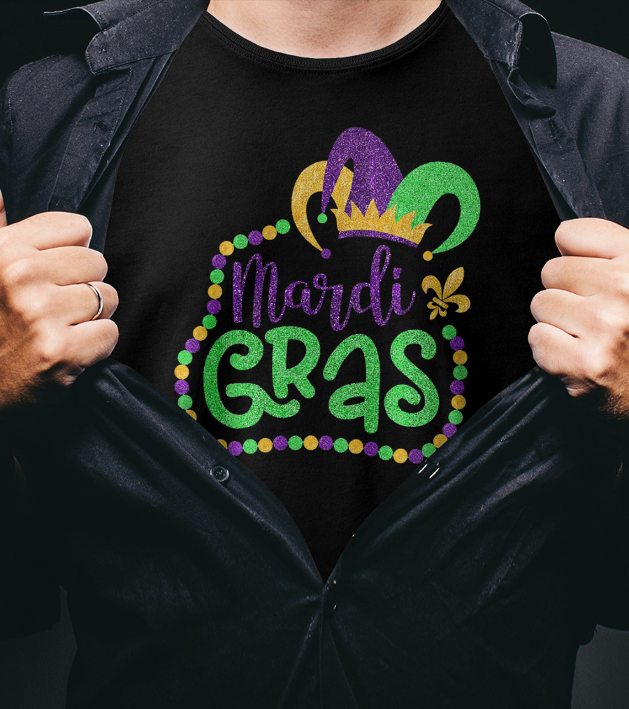 Mardi Gras Glitter Jester Hat Fleur De Lis T-Shirt