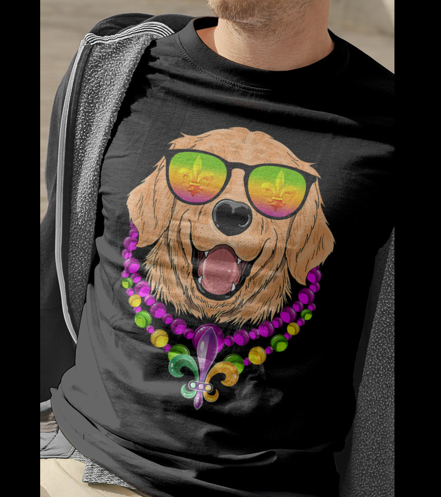 Golden Retriever With Fleur-de-Lis Beads And Sunglasses Mardi Gras T-Shirt