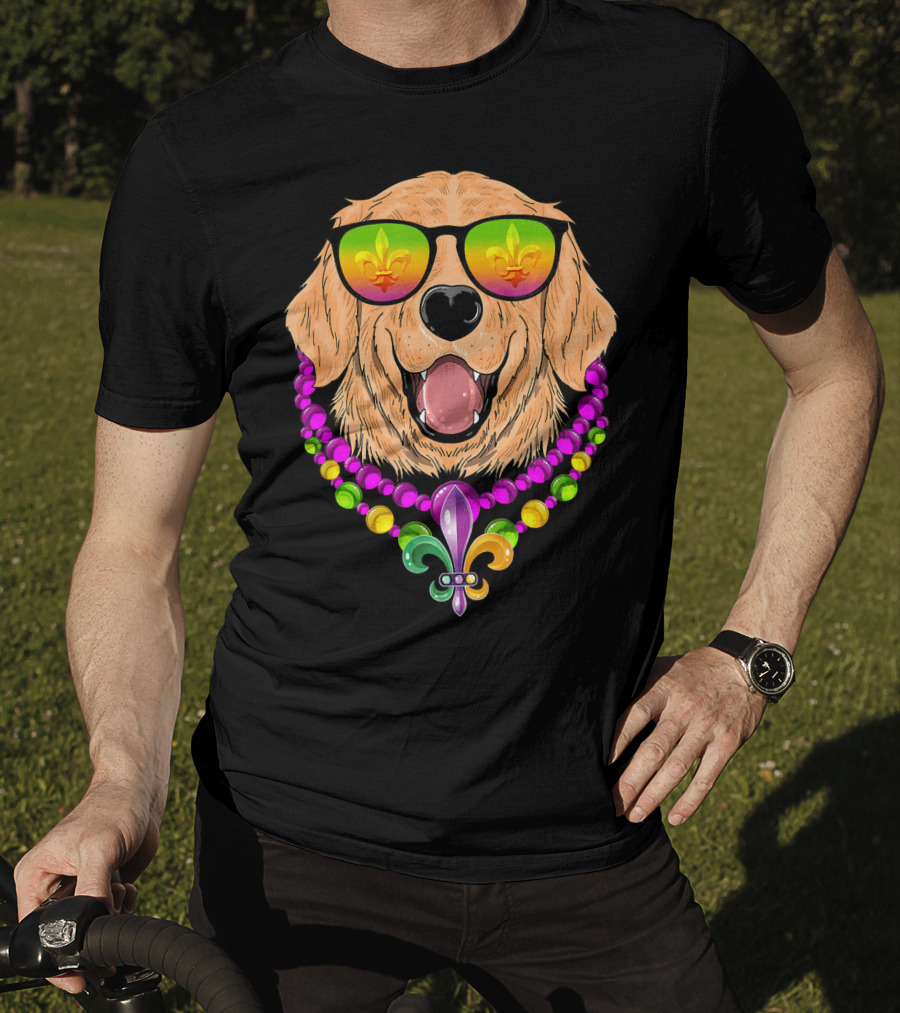 Golden Retriever With Fleur-de-Lis Beads And Sunglasses Mardi Gras T-Shirt