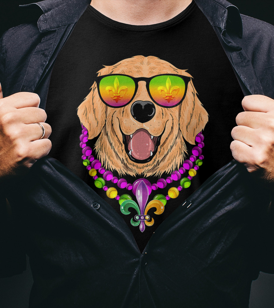 Golden Retriever With Fleur-de-Lis Beads And Sunglasses Mardi Gras T-Shirt