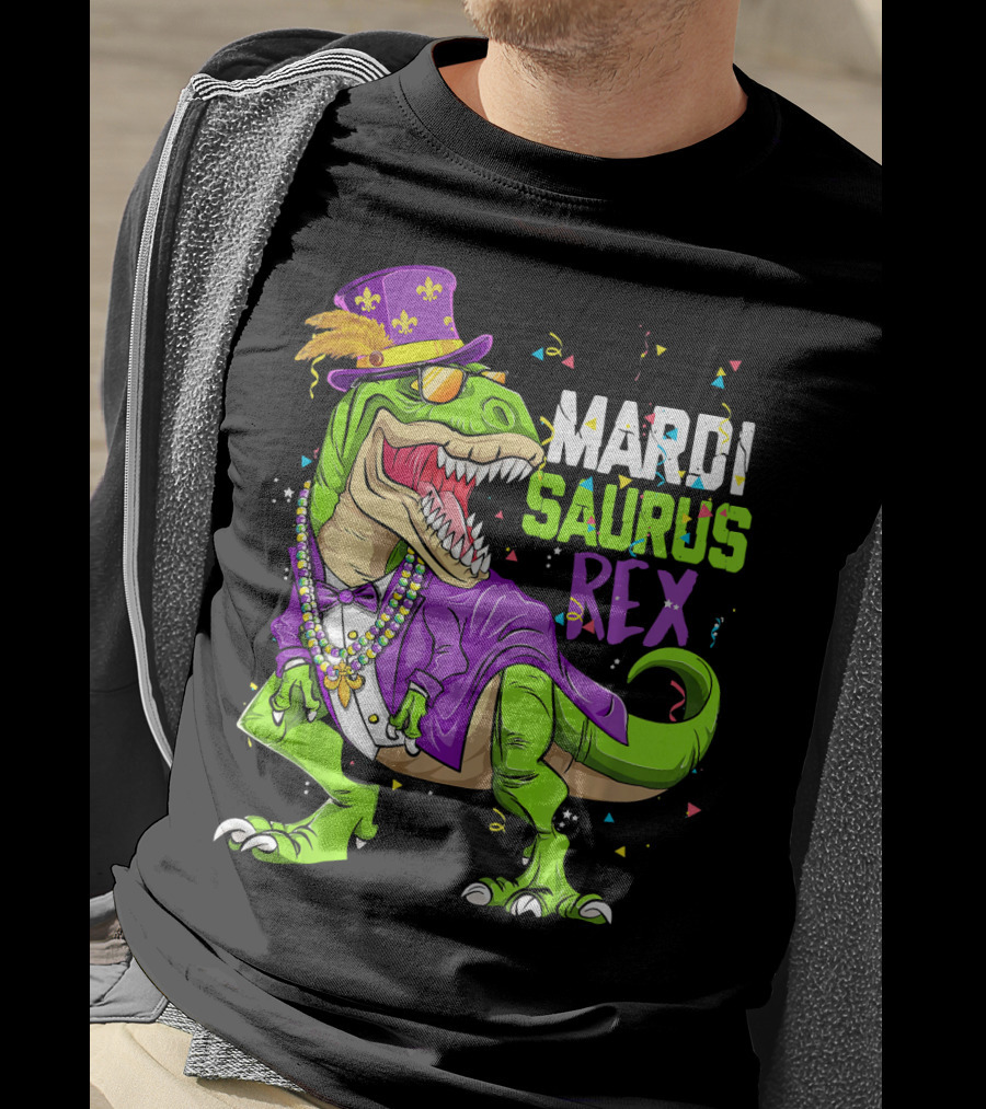 Mardi Saurus Rex Dinosaur Mardi Gras Confetti Fleur-de-lis Beads Hat T-Shirt
