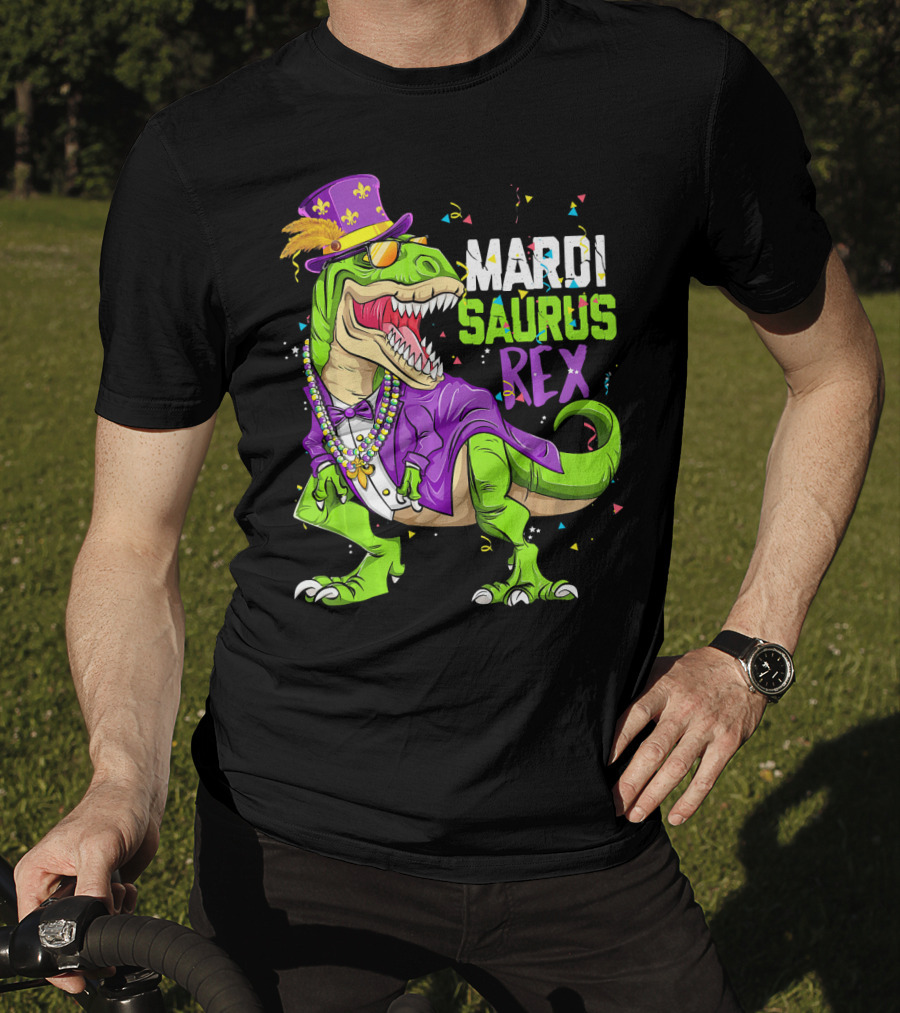 Mardi Saurus Rex Dinosaur Mardi Gras Confetti Fleur-de-lis Beads Hat T-Shirt