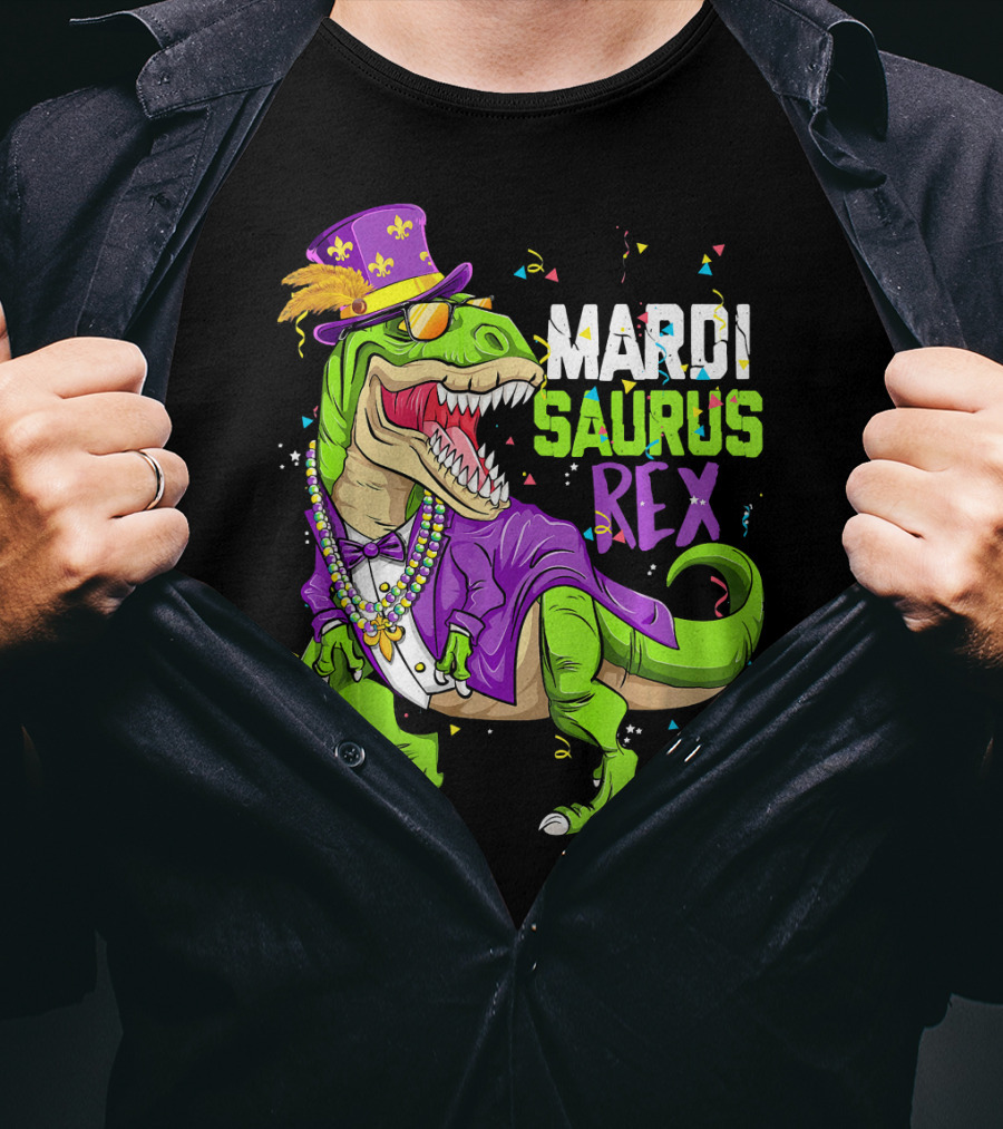 Mardi Saurus Rex Dinosaur Mardi Gras Confetti Fleur-de-lis Beads Hat T-Shirt