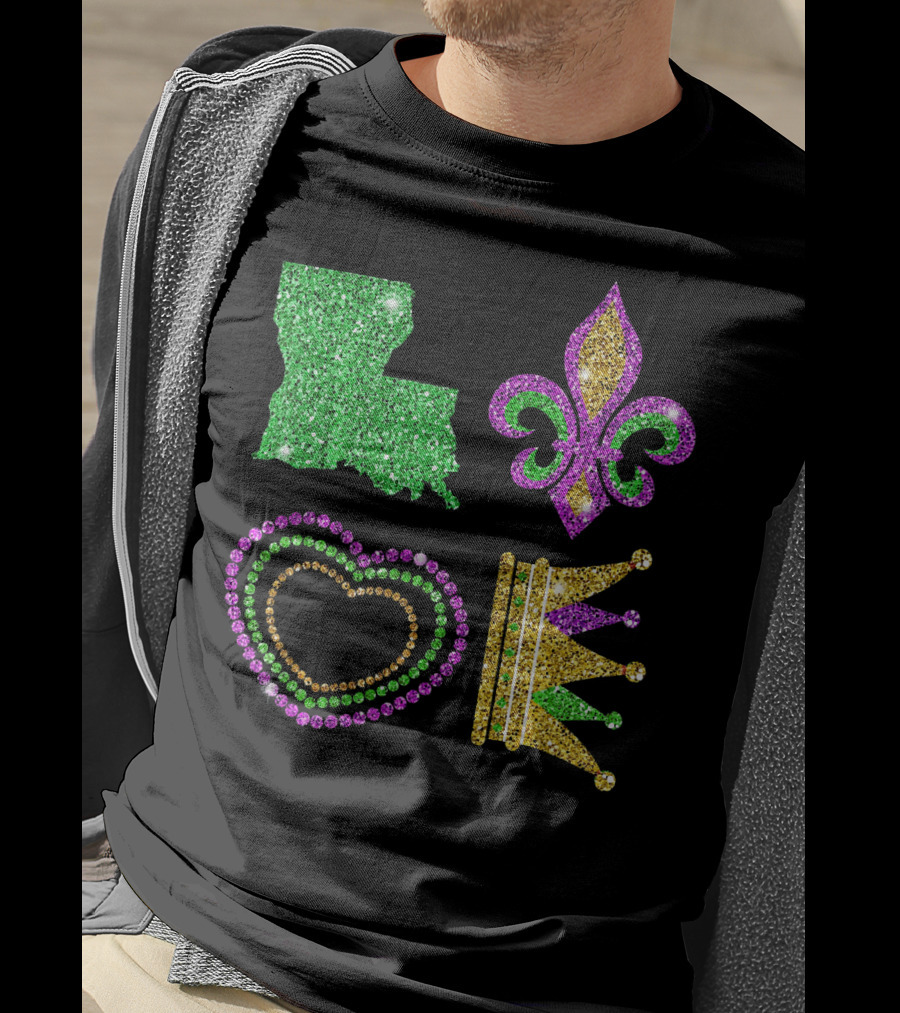 Love Mardi Gras Funny New Orleans Mardi Louisiana Glitter Fleur-de-Lis Heart Crown T-Shirt
