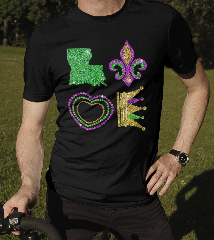 Love Mardi Gras Funny New Orleans Mardi Louisiana Glitter Fleur-de-Lis Heart Crown T-Shirt